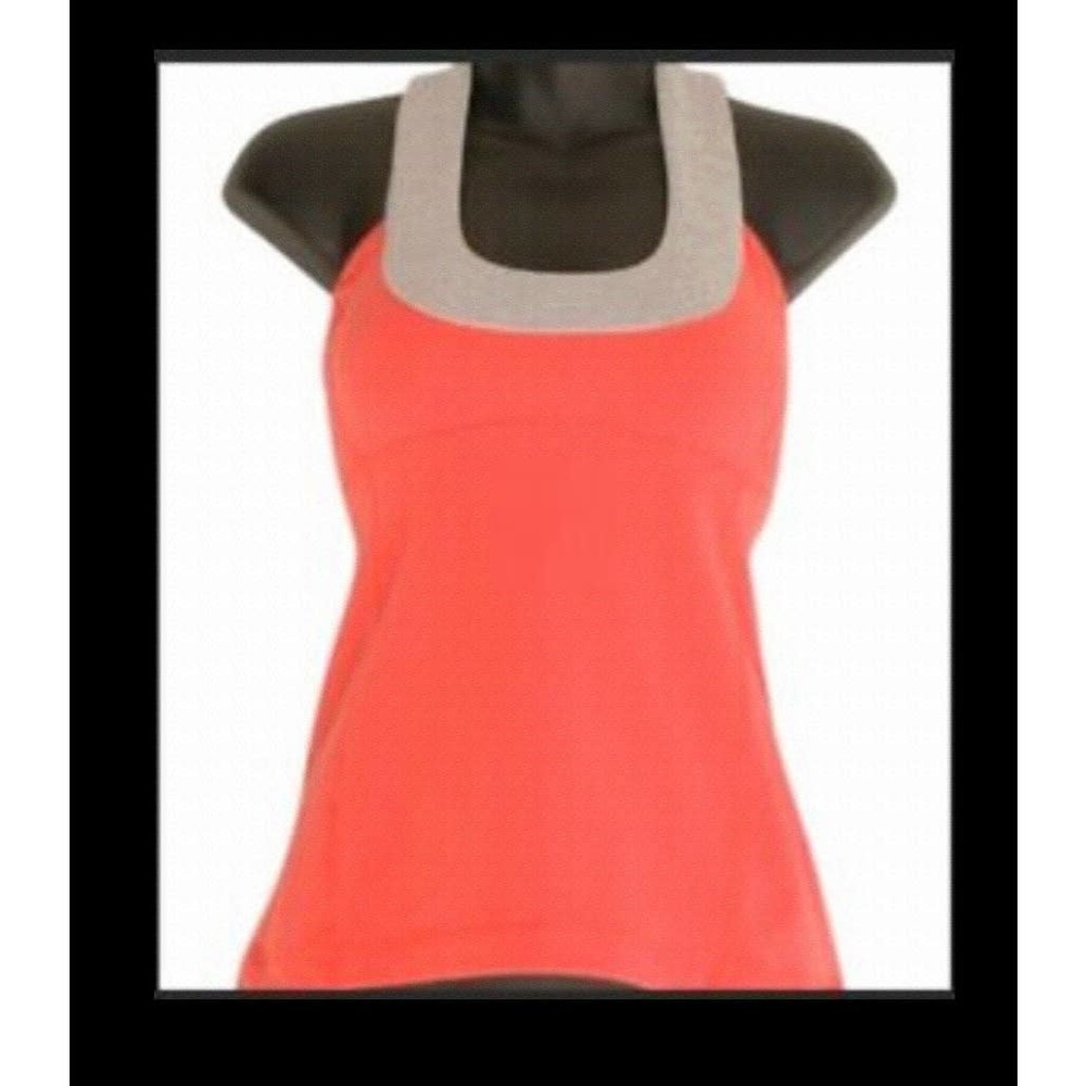 LULULEMON Pretty Coral Tank, w/mini grey/wht stripe trim. Shelf bra👍🏻